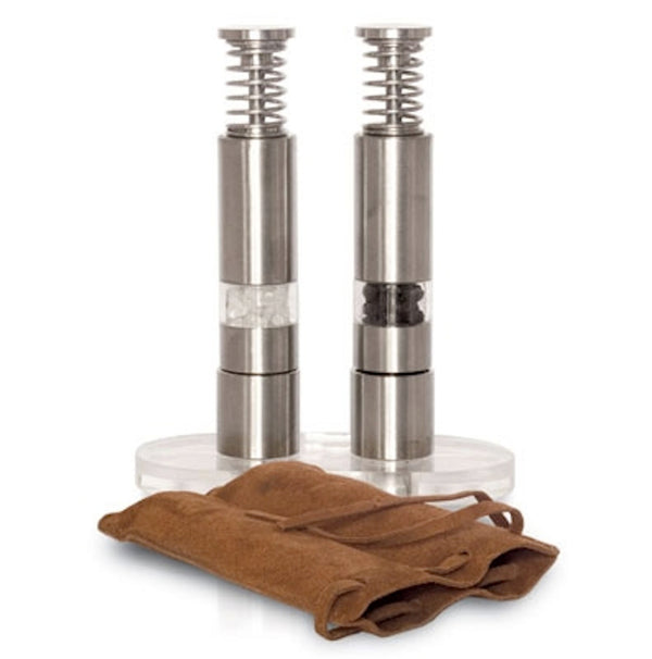 Pump & Grind Travel Size Salt and Pepper Grinders With Stand And Pouch